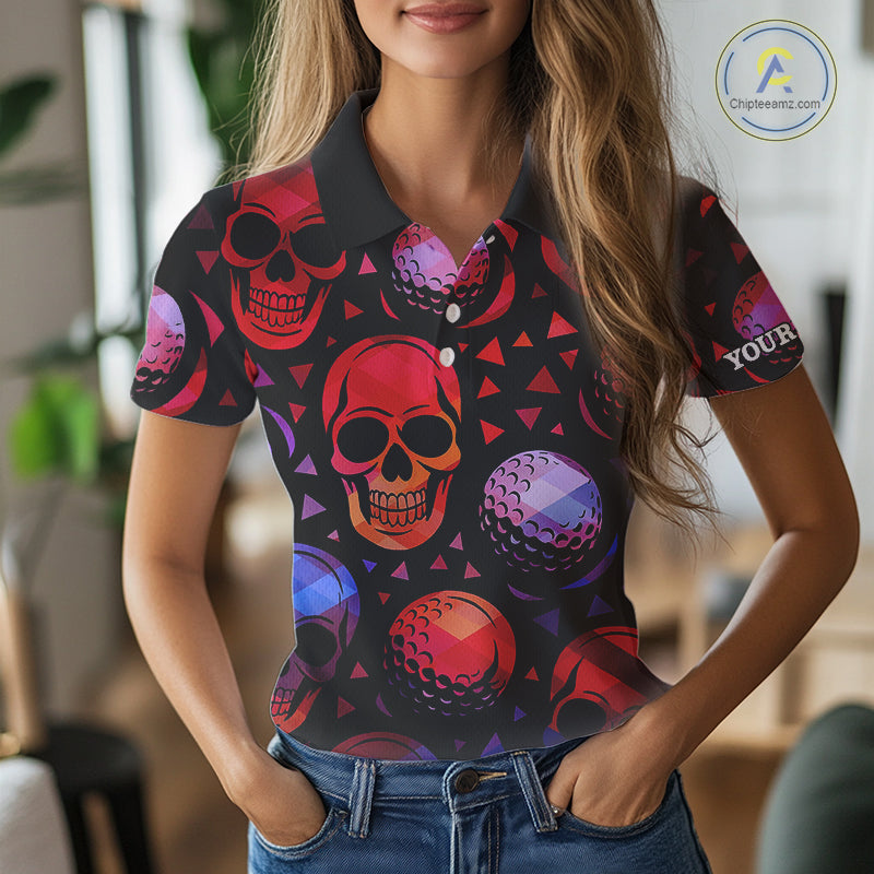 Red Gradient Skull Golf Ball pattern Women polo golf shirts Custom Halloween golf top for ladies NQS10511
