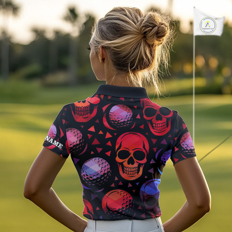 Red Gradient Skull Golf Ball pattern Women polo golf shirts Custom Halloween golf top for ladies NQS10511