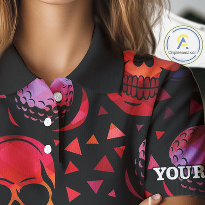 Red Gradient Skull Golf Ball pattern Women polo golf shirts Custom Halloween golf top for ladies NQS10511