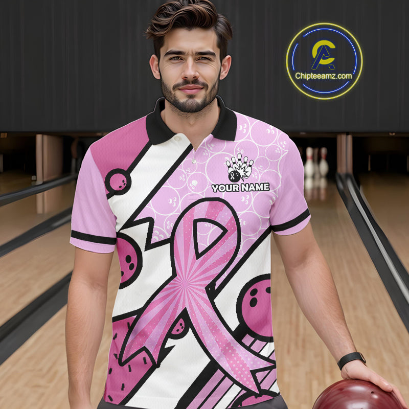 Personalized Pink Ribbons Camo Bowling Shirts For Men, Custom breast cancer bowling Team shirts NQS10533