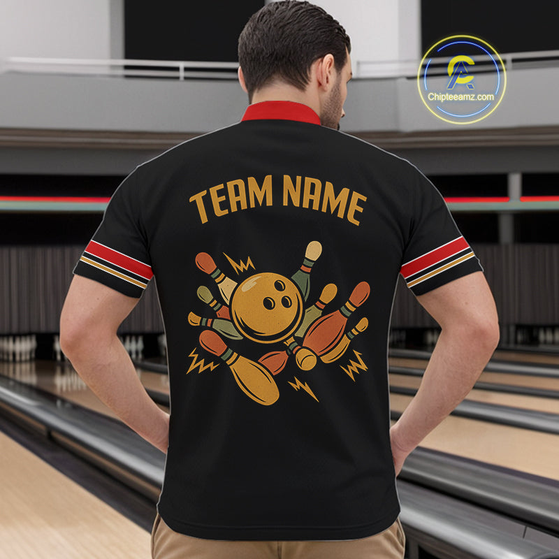 Custom Retro Black Mens Bowling Polo, Quarter Zip shirts, Personalized vintage bowling team jerseys NQS10548