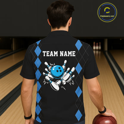 Black and Blue argyle Hawaiian bowling shirts custom team bowling jerseys button up bowling shirts NQS11404