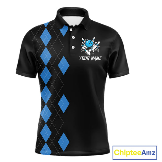 Black and Blue argyle bowling polo shirts, 1/4 zip shirt for men Custom team bowling jerseys men NQS11404