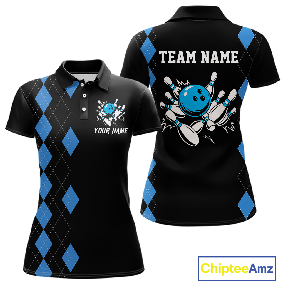 Black and Blue argyle womens bowling shirts custom team bowling jerseys women's bowling outfits NQS11404