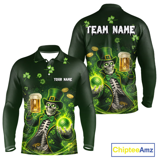 Funny Skull drink beer St Patrick's day Green shamrock Mens Golf Polo Shirts Custom mens golf apparel NQS11411