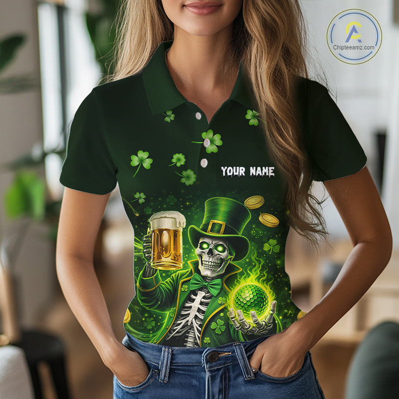 Funny Skull drink beer St Patrick day Green shamrock Women Golf Polo Shirt Custom ladies golf apparel NQS11411