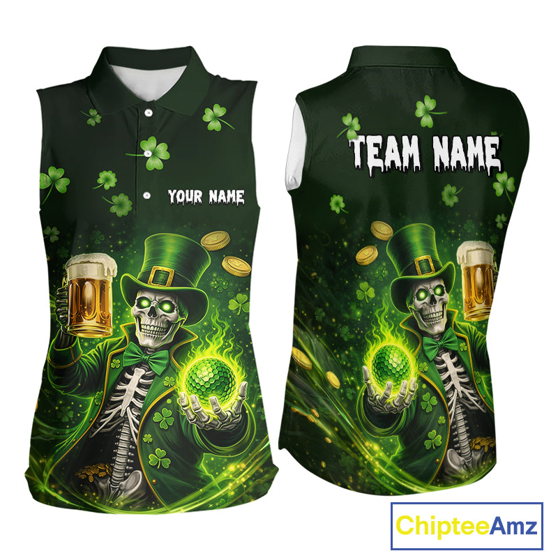 Funny Skull drink beer St Patrick's Day Green shamrock Custom ladies sleeveless golf tops NQS11411