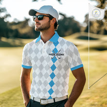 Load image into Gallery viewer, Custom Blue and White argyle pattern Golf Polo Shirts For Men, personalized team mens golf outfit NQS11210