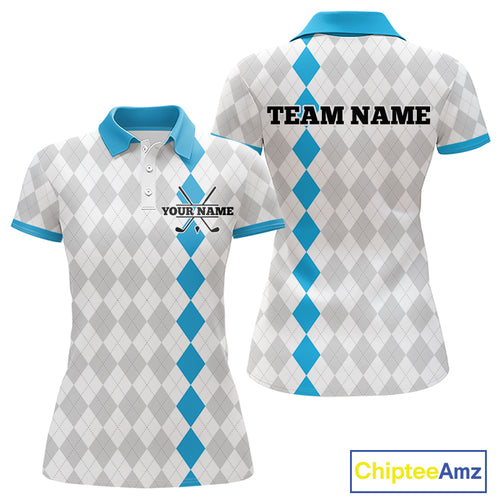 Custom Blue and White argyle pattern Golf Polo Shirts For Women, personalized team ladies golf outfit NQS11210