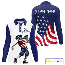Load image into Gallery viewer, Red, White and Blue American Flag Skull Golf polo shirts for Women custom patriotic ladies golf top NQS10851