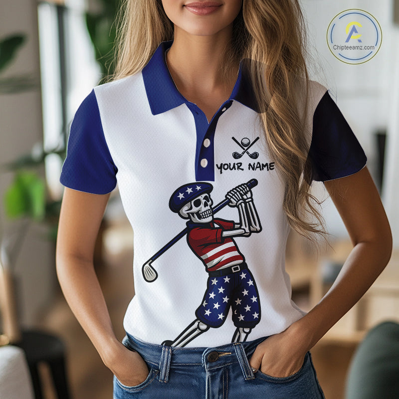 Red, White and Blue American Flag Skull Golf polo shirts for Women custom patriotic ladies golf top NQS10851