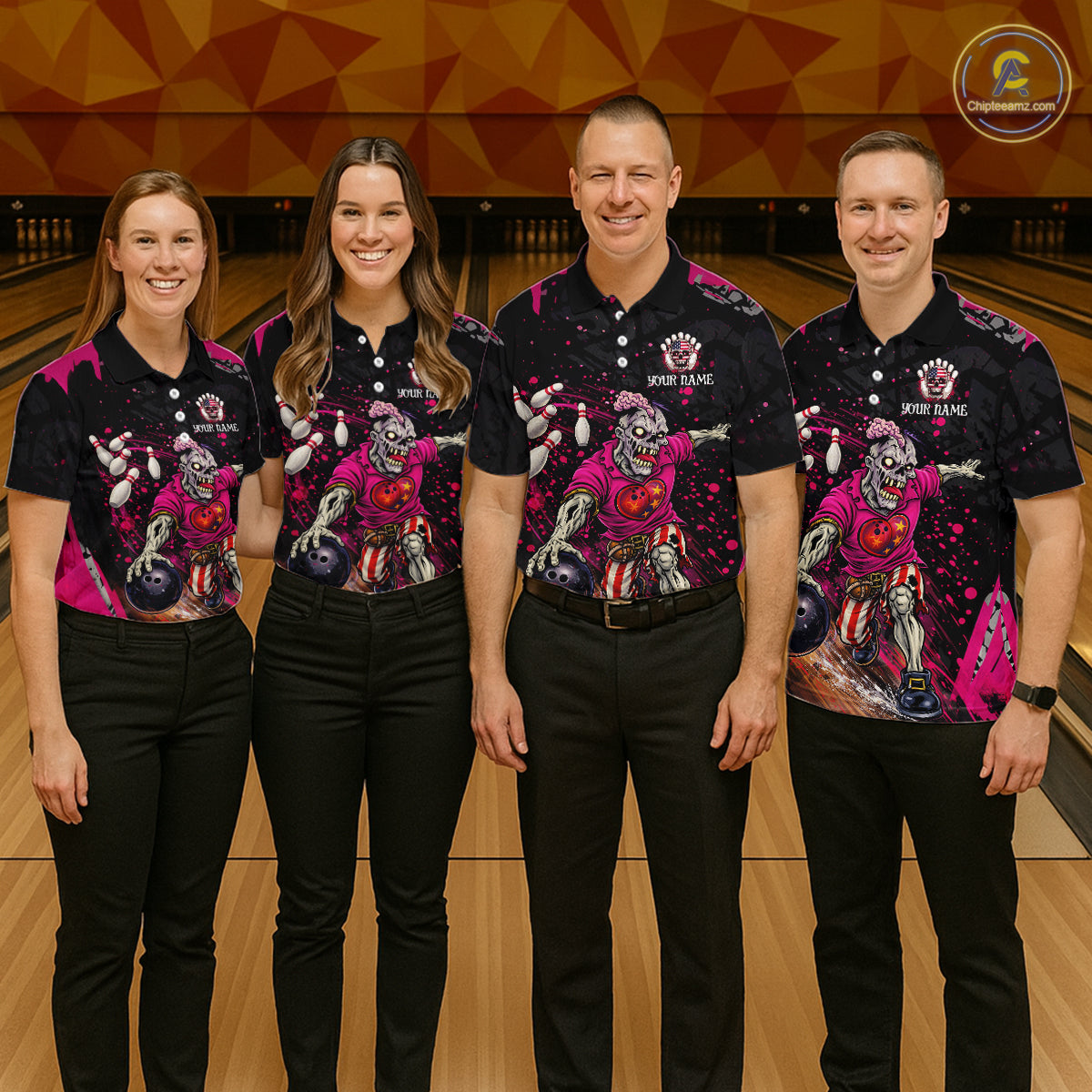 Black and Pink Funny zombie Bowling Shirts For Men Custom Mens Bowling team league jerseys NQS11442