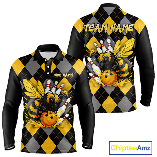 Black and Yellow argyle pattern Honey Bee Bowling shirts for Men Custom Team bowling jerseys NQS11250