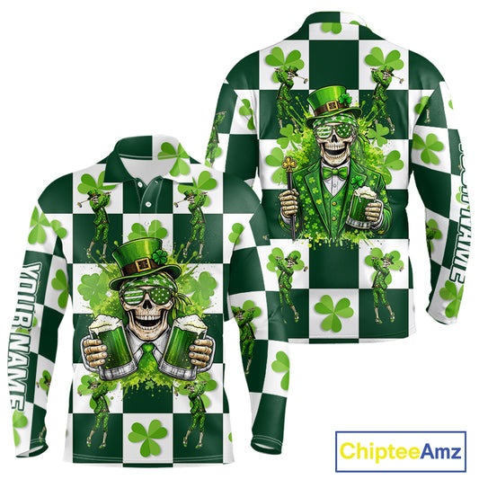 Funny Skull drink beer Clover square pattern Mens Golf Polo shirts Custom St Patrick's Day golf tops NQS11454