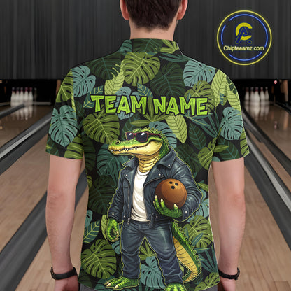 Green tropical leaf pattern Funny Alligator Bowling Shirts For Men Custom Bowling Team Jerseys NQS11744