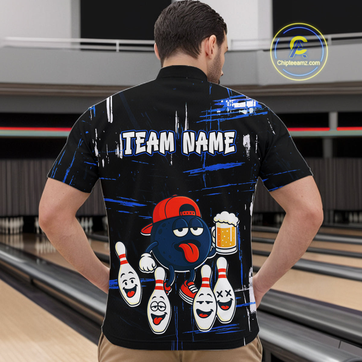 Custom Black And Blue Funny Beer Bowling Men Polo, Quarter Zip Shirts, funny bowling shirts NQS11488