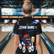 Load image into Gallery viewer, Custom Black And Blue Funny Beer Bowling Women Polo, Quarter Zip Shirts, funny bowling shirts NQS11488