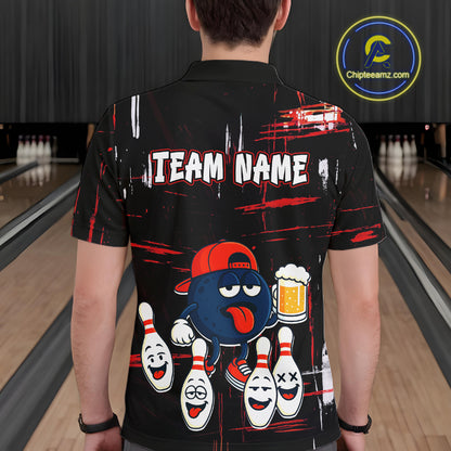 Custom Black And Red Funny Beer Bowling Men Polo, Quarter Zip Shirts, funny bowling shirts NQS11490
