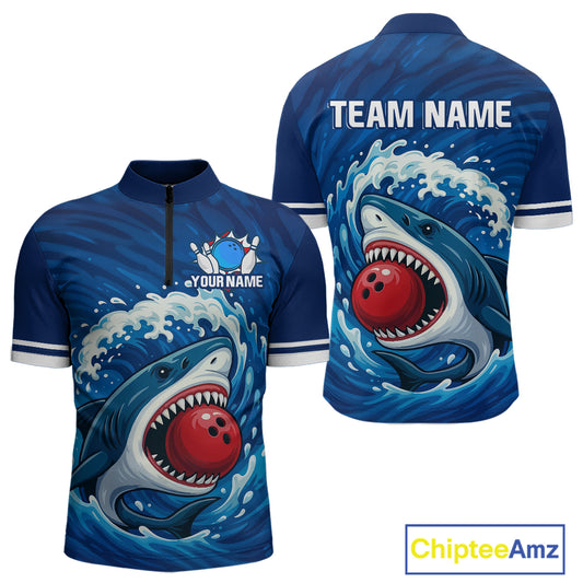 Custom Blue Shark Bowling Polo, Quarter Zip Shirts For Men, Shark Bowling Team League Shirt NQS10697
