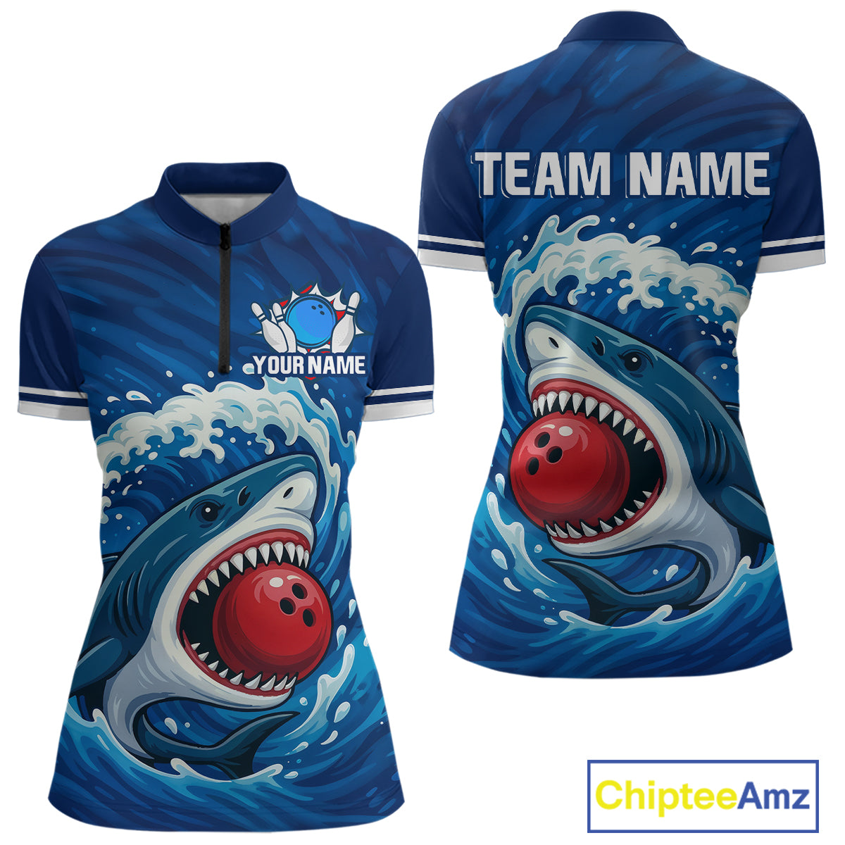 Custom Blue Shark Bowling Polo, Quarter Zip Shirts For Women, Shark Bowling Team League Shirt NQS10697