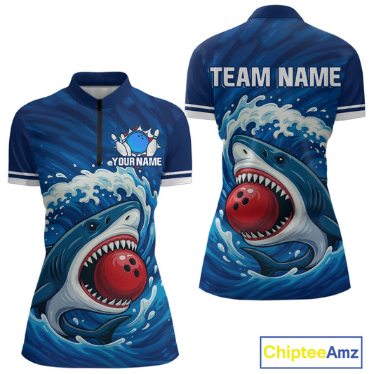Custom Blue Shark Bowling Polo, Quarter Zip Shirts For Women, Shark Bowling Team League Shirt NQS10697