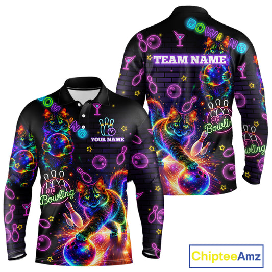 Custom Funny Cat Neon Bowling Jerseys for Men Bowling Outfit Polo & 1/4 Zip Bowling Team Shirts NQS11515