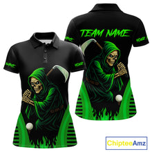 Load image into Gallery viewer, Black and Green Flame Skull Reaper Women Golf Polo Shirt Custom team golf outfits for ladies golfer NQS10713