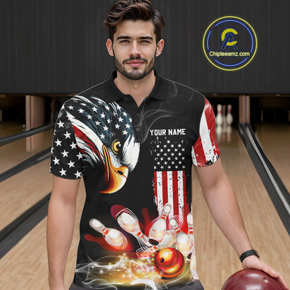 American Flag smoke Eagle Bowling Polo, 1/4 zip Shirts For Men Custom patriotic Bowling team jerseys NQS10719