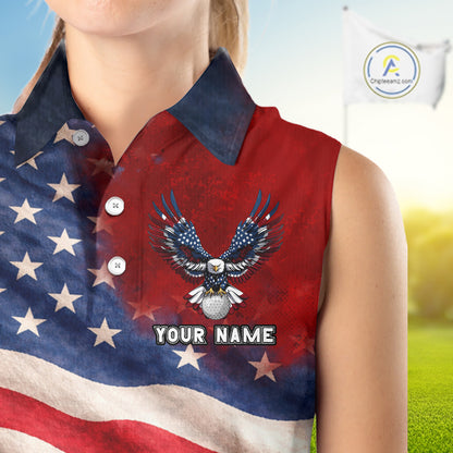 Custom American Flag Eagle Sleeveless Golf Polo Shirts For Women, patriotic Golf attire for ladies NQS11712