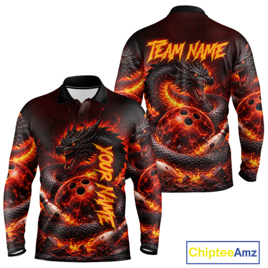 Custom Red Dragon Bowling Polo Shirts, Bowling 1/4 zip jersey For Men, Team Bowling League jerseys NQS11588