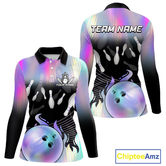 Bowling Polo Shirts For Women, 1/4 zip shirts Custom hologram Bowling Team Shirts Bowler Outfit NQS11385