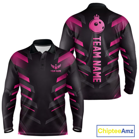 Black and Pink Bowling Polo, Quarter Zip Shirts For Men Custom Team Bowling Jersey, Gift For Bowlers NQS11633