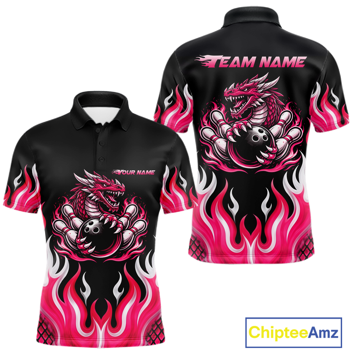 Black and Pink Flame Dragon Bowling Polo, 1/4 Zip Shirts For Men Custom Dragon Bowling Team Jerseys NQS11733