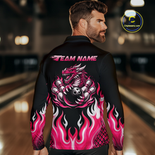 Load image into Gallery viewer, Black and Pink Flame Dragon Bowling Polo, 1/4 Zip Shirts For Men Custom Dragon Bowling Team Jerseys NQS11733