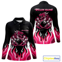Load image into Gallery viewer, Black and Pink Flame Dragon Bowling Polo, 1/4 Zip Shirts For Women Custom Dragon Bowling Team Jerseys NQS11733