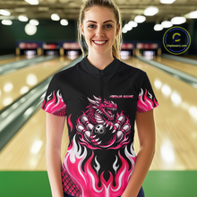 Load image into Gallery viewer, Black and Pink Flame Dragon Bowling Polo, 1/4 Zip Shirts For Women Custom Dragon Bowling Team Jerseys NQS11733