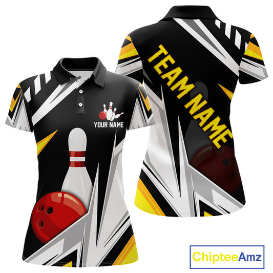 Black, White and Gold Women's bowling Polo, Quarter Zip shirts Custom Team bowling league jerseys NQS11264