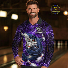 Load image into Gallery viewer, Purple Lightning Thunder Angry Shark Bowling shirts For Men Custom Shark Bowling Team Jerseys NQS11757
