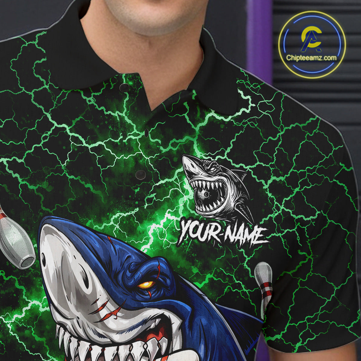 Green Lightning Thunder Angry Shark Bowling shirts For Men Custom Shark Bowling Team Jerseys NQS11758