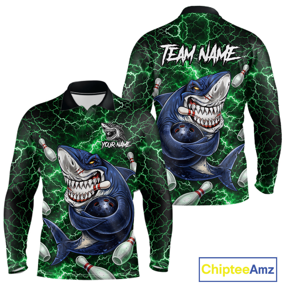 Green Lightning Thunder Angry Shark Bowling shirts For Men Custom Shark Bowling Team Jerseys NQS11758