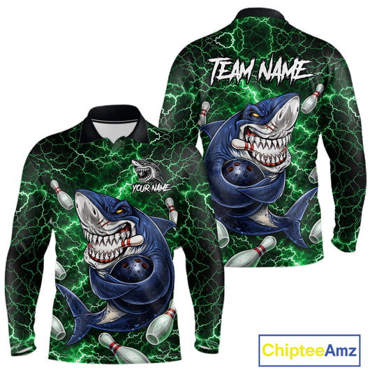 Green Lightning Thunder Angry Shark Bowling shirts For Men Custom Shark Bowling Team Jerseys NQS11758