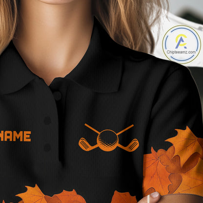 Black and Orange Autumn Leaf Custom Turkey Golf Polo Shirt For Women, Thanksgiving Golf Attire NQS10700
