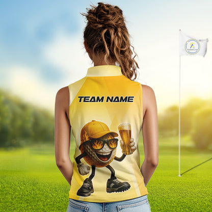 Funny Yellow pattern Golf ball drinking beer Sleeveless Polo Shirt Custom team golf outfit for ladies NQS10718