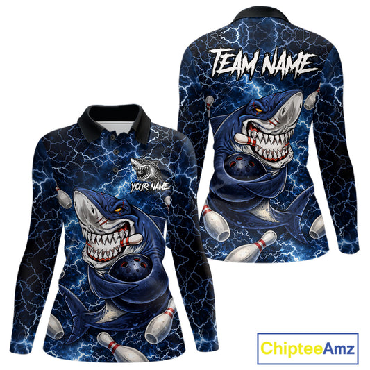 Blue Lightning Thunder Angry Shark Bowling shirts For Women Custom Shark Bowling Team Jerseys NQS11539