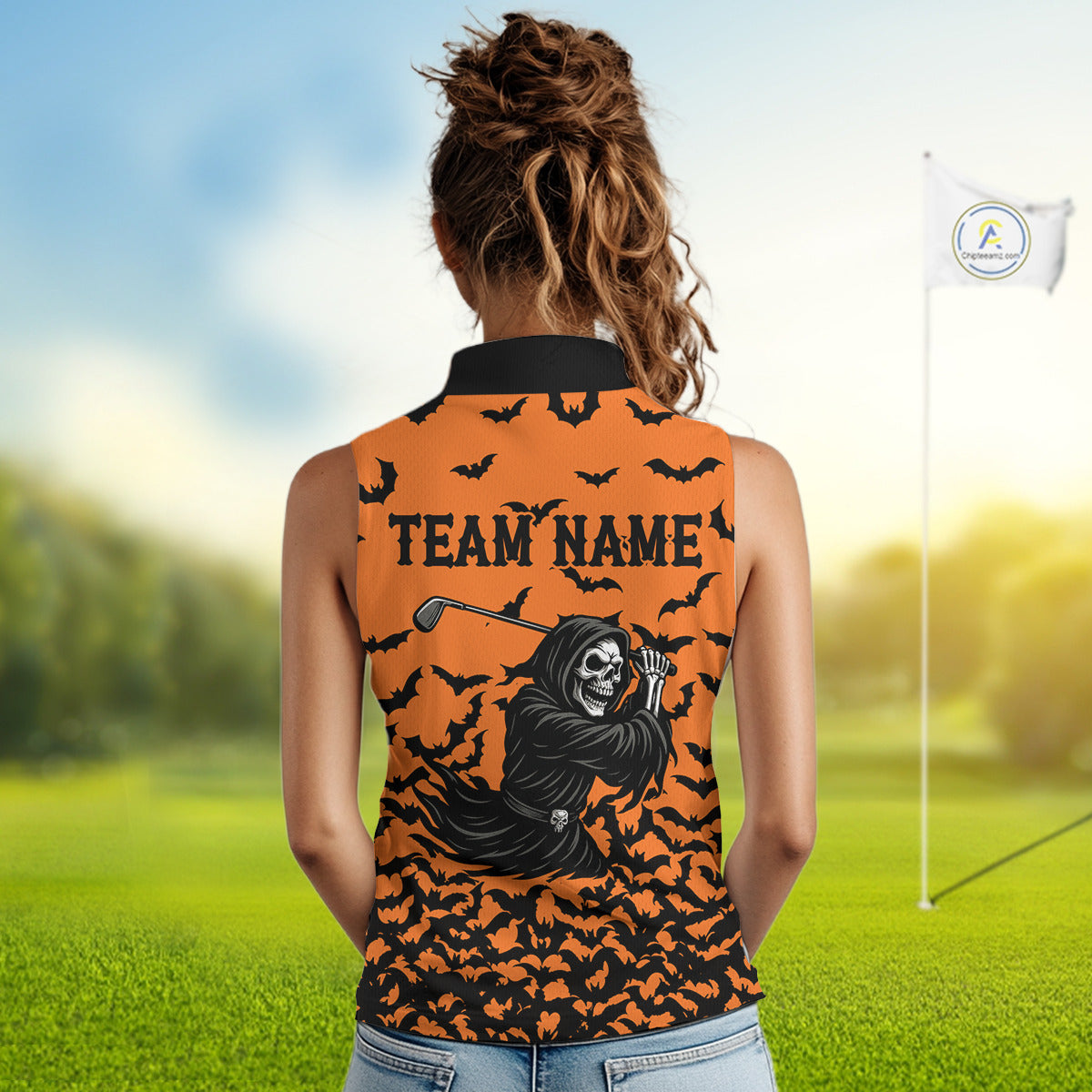 Black and Orange Bats Halloween Skull Reaper Golf Sleeveless Polo Shirt Custom ladies golf top NQS10756