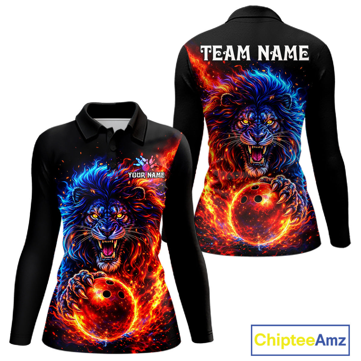 Red and Blue Flame Lion Bowling Shirts For Women Custom Fire Lion Team Bowling jersey NQS11347