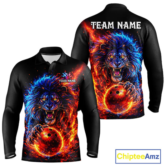 Red and Blue Flame Lion Bowling Shirts For Men Custom Fire Lion Team Bowling jersey NQS11347
