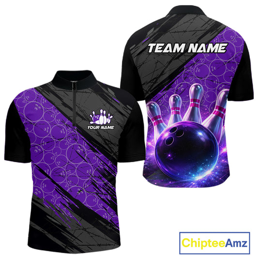 Black and Purple Bowling Camo Polo, 1/4 Zip Shirts for Men Custom Bowling Team League Jerseys NQS11700