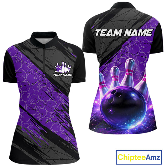 Black and Purple Bowling Camo Polo, 1/4 Zip Shirts for Women Custom Bowling Team League Jerseys NQS11700