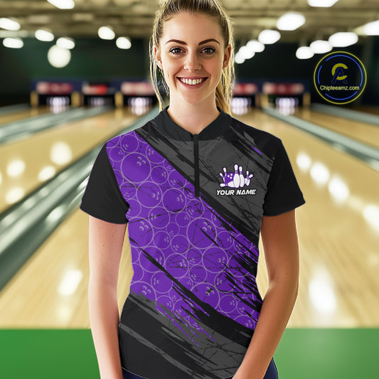 Black and Purple Bowling Camo Polo, 1/4 Zip Shirts for Women Custom Bowling Team League Jerseys NQS11700